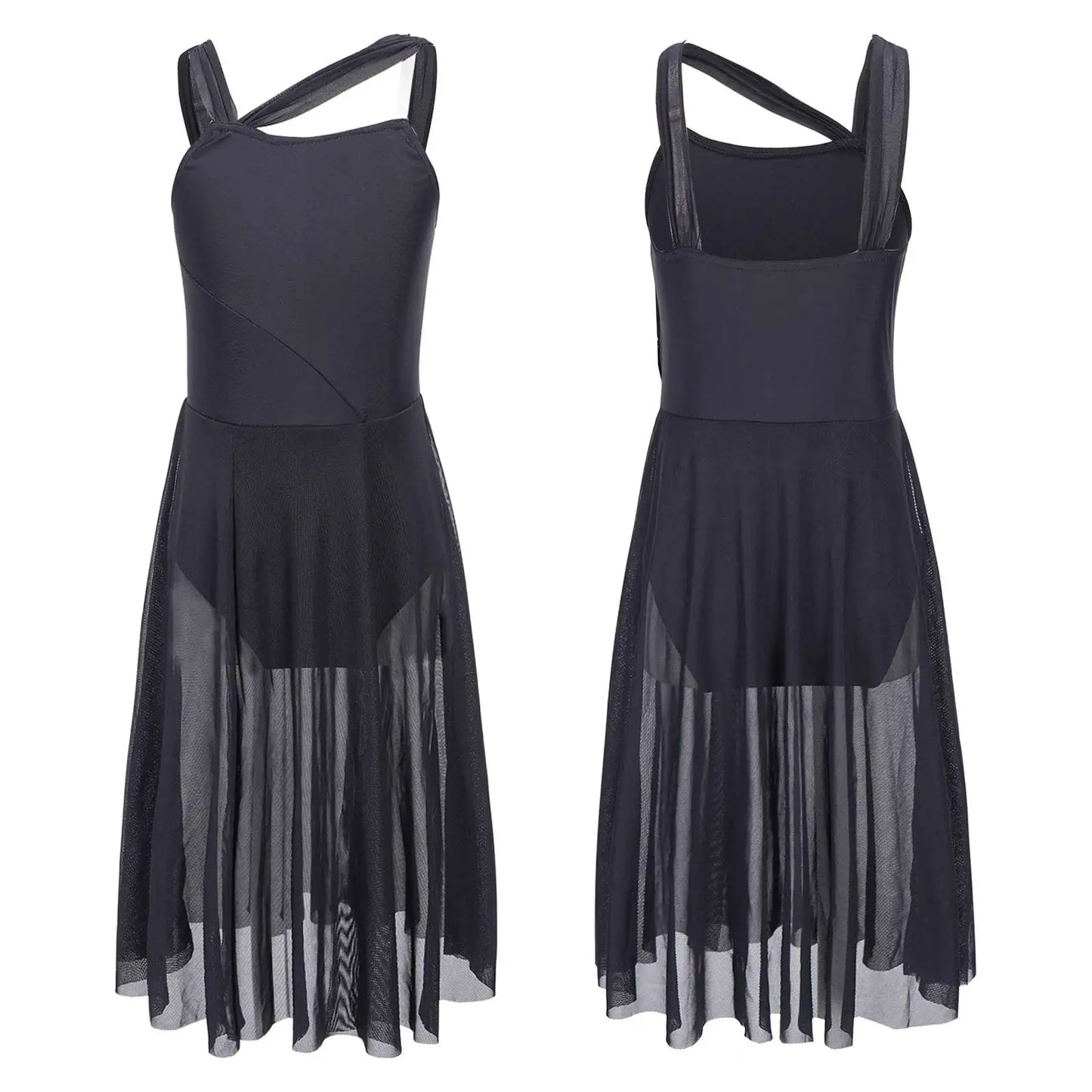 Girls Lyrical Cut Out Front Tulle Dance Dress Gymnastics Training Leotard Modern Contemporary Dancewear Costume