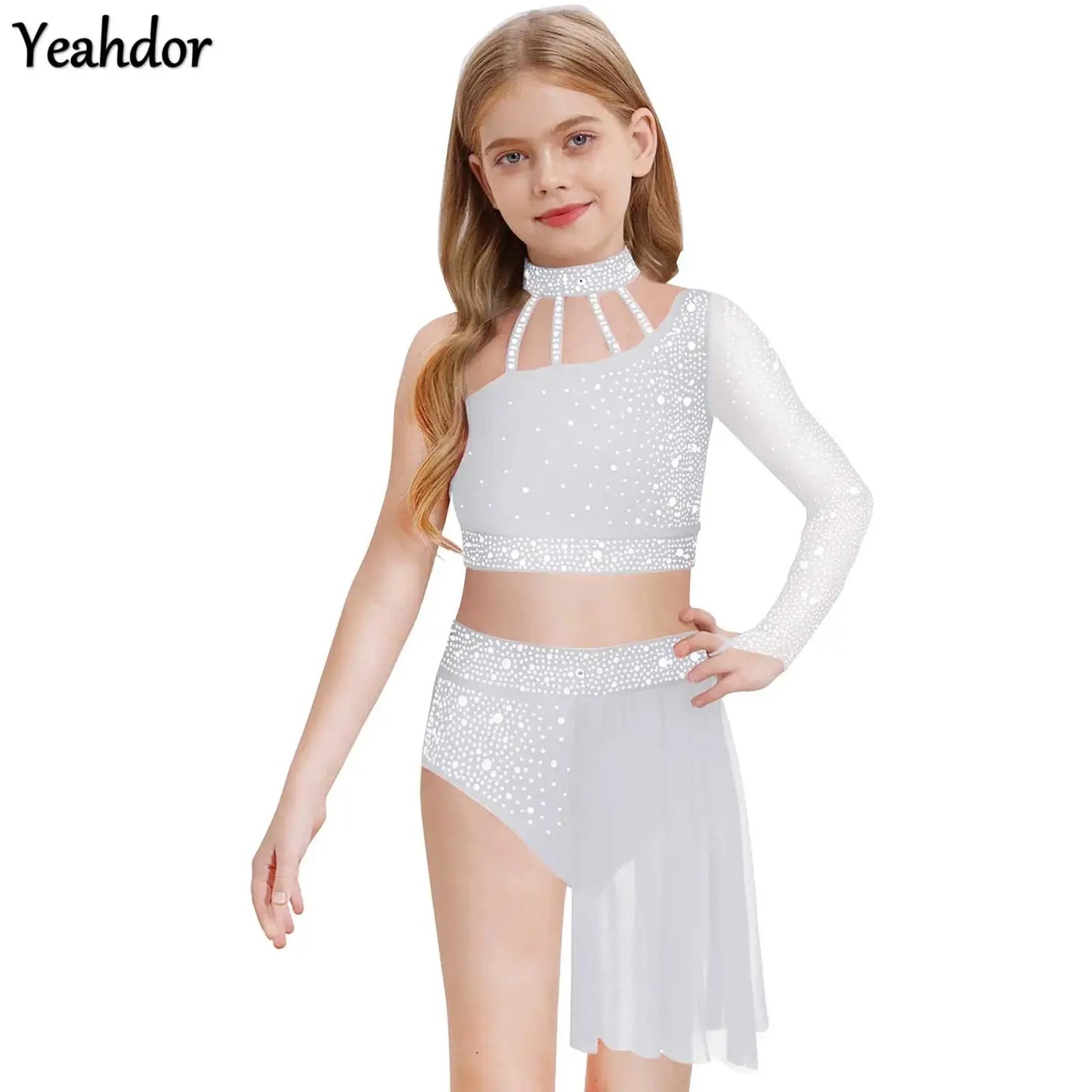 Girls Lyrical Dance Outfit One Shoulder Rhinestone Crop Top with Skirts Modern Contemporary Ballet Gymnastics Skating Dancewear
