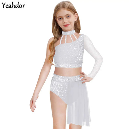 Girls Lyrical Dance Outfit One Shoulder Rhinestone Crop Top with Skirts Modern Contemporary Ballet Gymnastics Skating Dancewear