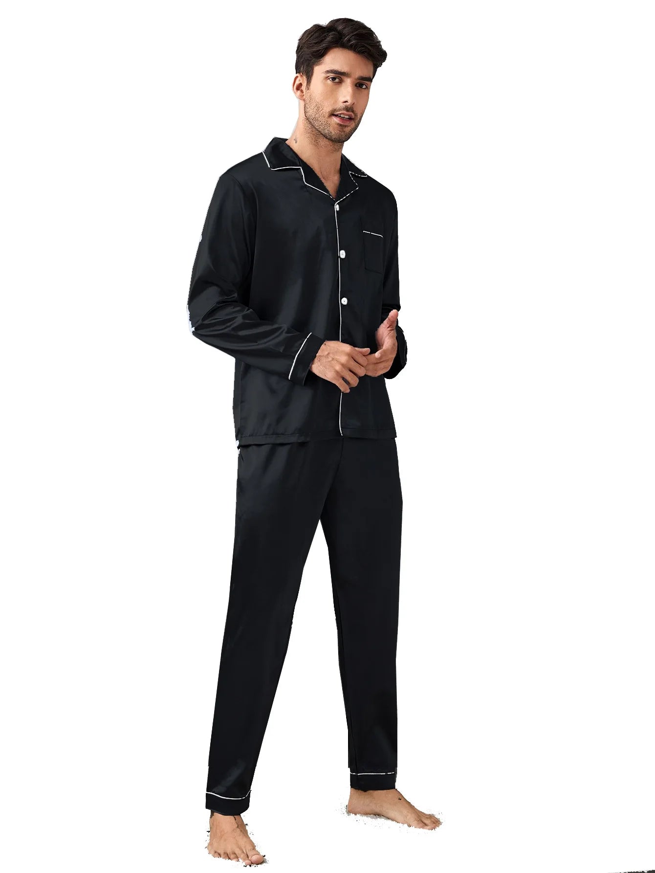 Men Sleepwear Solid Color Nightwear Long Sleeve Top&pants 2Pcs Pyjamas Suit Home Clothes Satin Homewear Outfits Male Pajamas