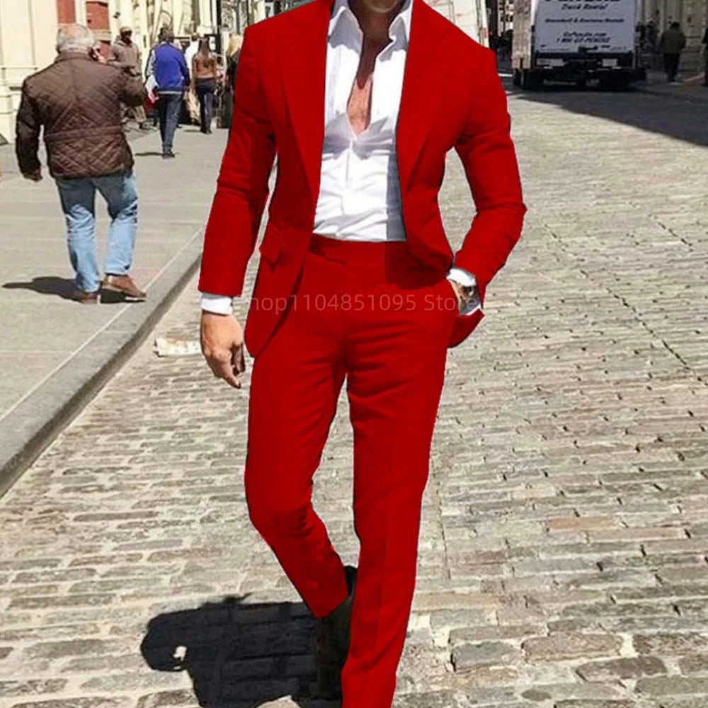 Classic Suits for Men Notch Lapel 2 Pieces Business Blazer and Pants Set Elegant Slim Fit Men's Suit for Wedding Prom Groomsmen