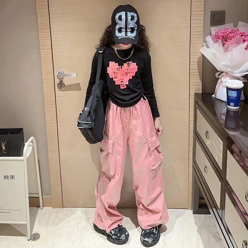 Teen Girls Clothes Set Cotton Love Tops T-shirt+Causal Cargo pants 2pcs Suit Children Outfits Tracksuits Kids 4 6 8 10 12 14Year