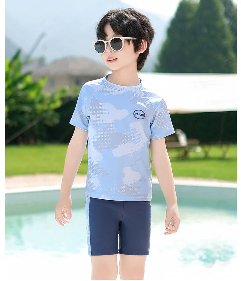 Boys Swimwear Two Piece Swimsuit Set Short Sleeve Rash Guard Top with Swim Trunks Kids Bathing Suit for Beach and Pool Swimming