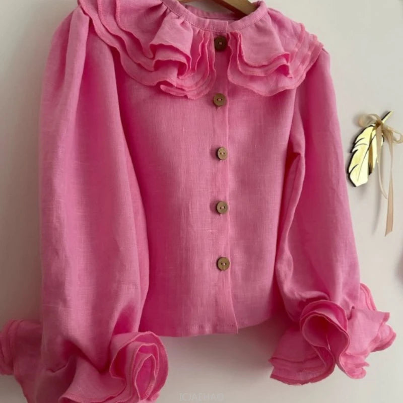 Teen Girl Clothes Kids French Style Girls Linen Blouse Layered Lace Shirt Versatile Kids Long Sleeve Top Costume Spring Autumn