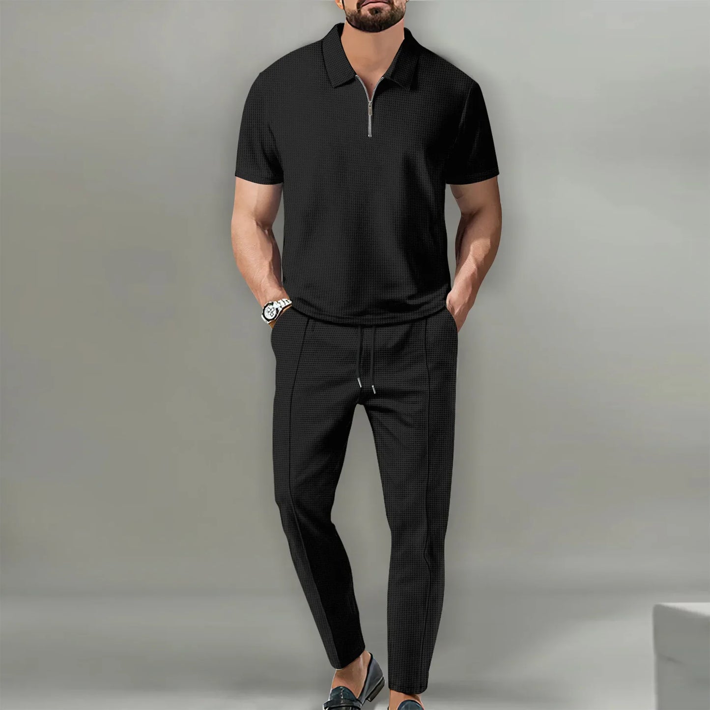 2026 Autumn New European and American Men's Solid Color Leisure Suit Waffle Collar Short-sleeved Zipper Pants Suit