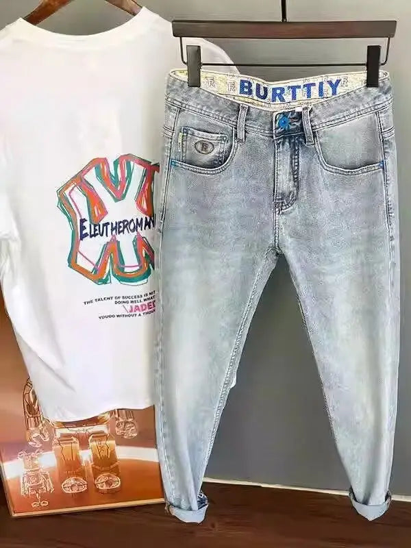 Light Blue Embroidered Jeans Men's Summer Slim Fit Nine-Piece Washed Vintage High-End Casual Pants Breathable Straight Leg Jeans