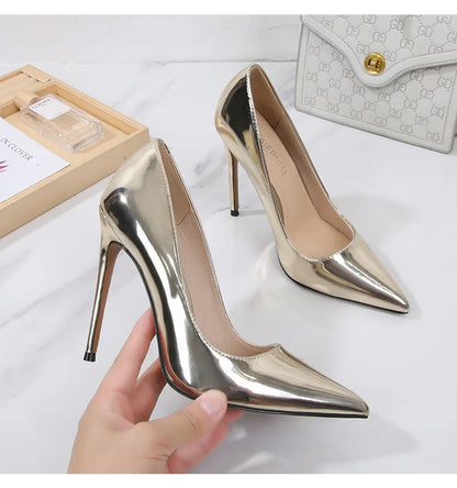 High Heels for Women ELEGANT Sweet Fashion British Style Slip-On 12CM Thin Heels Pointed Toe Office Career Women Shoes Gold 46