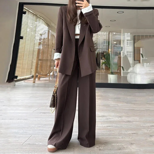 2025 New Women's Suit Long-sleeved Loose Jacket Wide-leg Pants Two-piece Set