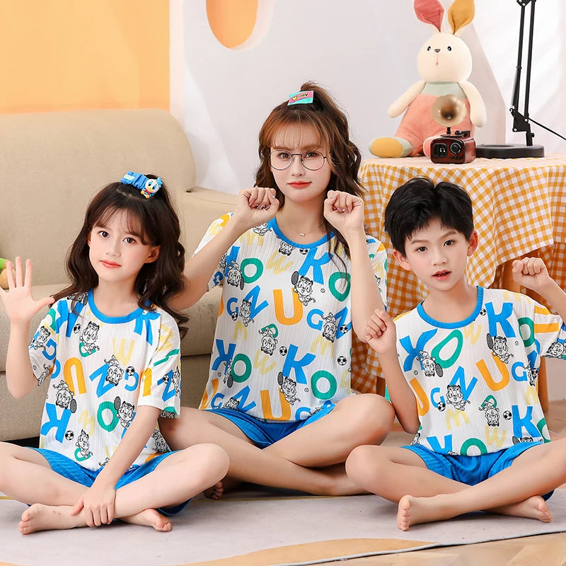 2 pieces for boys and girls pajamas Summer parent-child thin short sleeve cute neutral children's set CuHK children's homewear