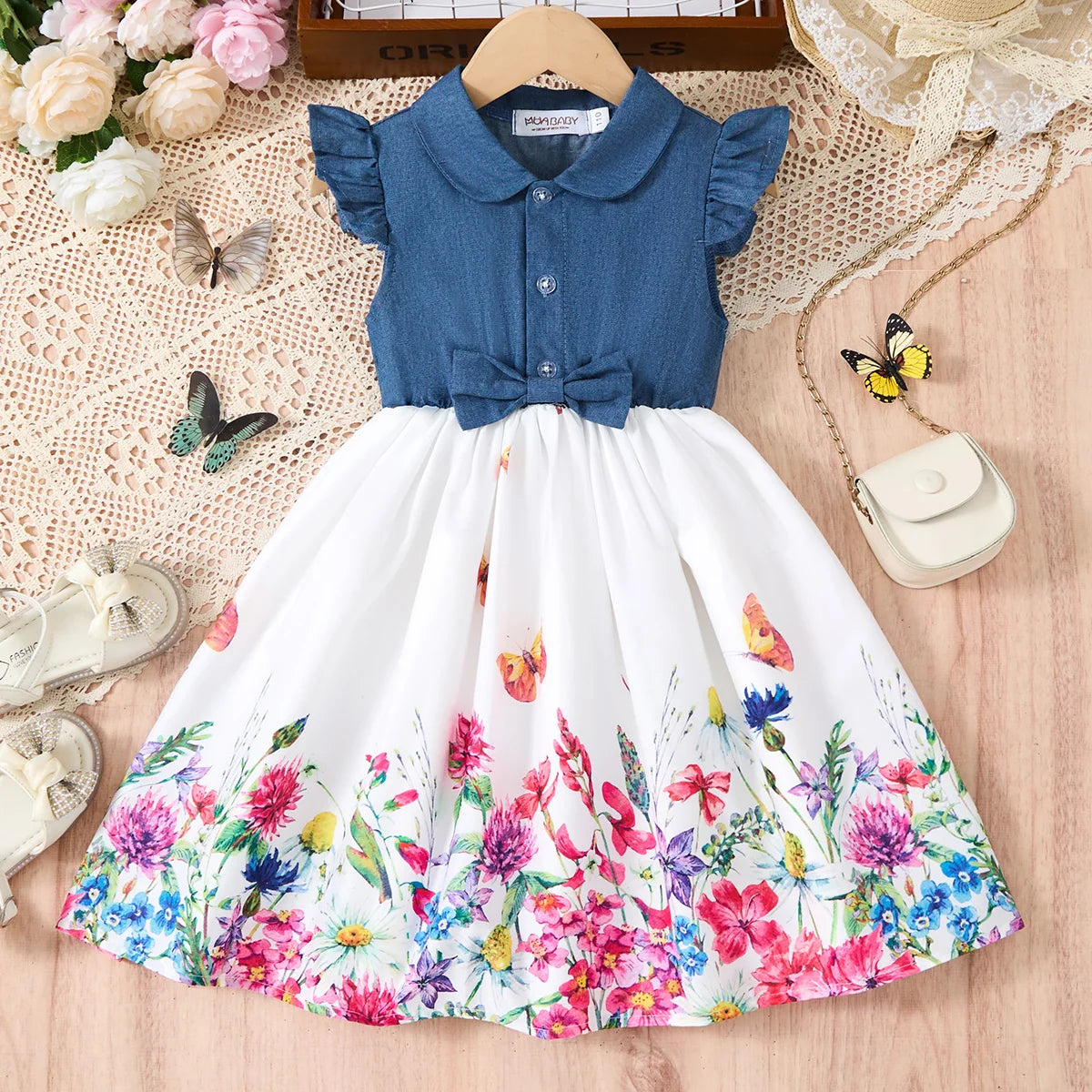 Girls Casual Dresses Denim Print Button Bow Ruffled sleeves Floral Tulle Cute Princess Formal Dresses Children Casual Dresses