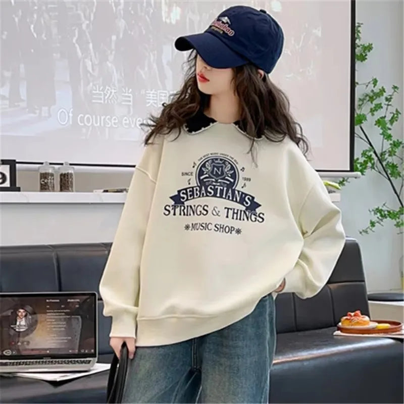 New Spring School Girls Sweatshirt For Teens Cotton Long Sleeve T-shirt Children Turn Down Collar Sweat-shirt Clothing 5-14Y