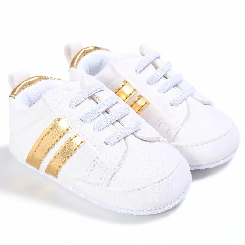 Newborn Baby Boys Shoes for 1 Year Footwear with Striped Infant Casual PU Leather Toddler Soft Sole Girls Sneakers First Walkers