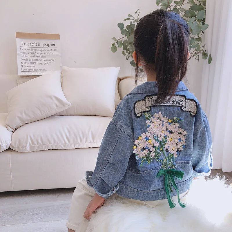 2025 Spring Autumn Girls Lovely Comfortable Retro Flowers Jeans Coats Children Personality Fashion Turn-down Collar Denim Jacket