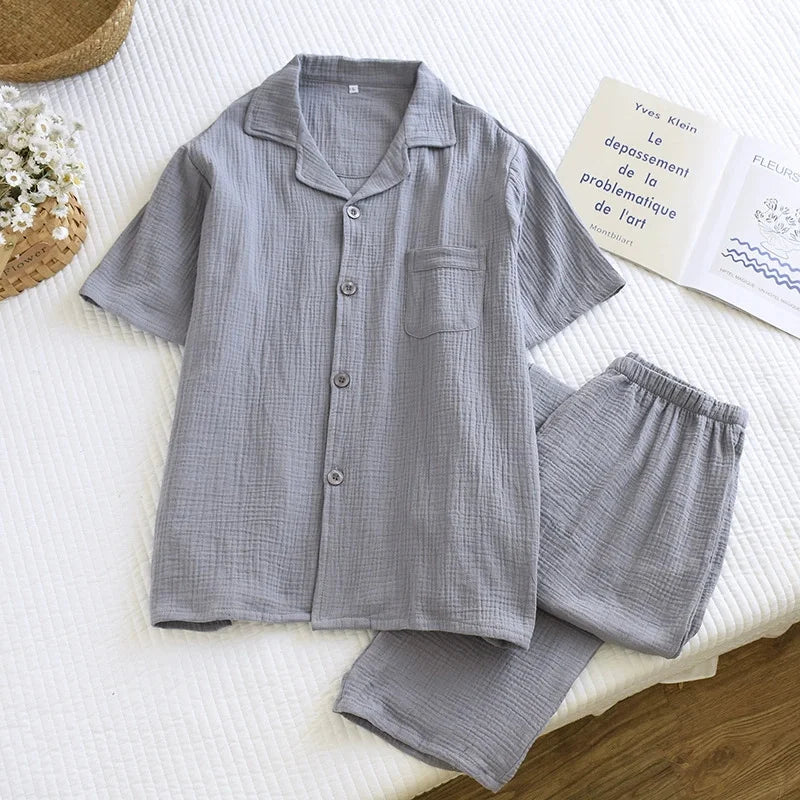 Men's Trousers Pajamas Set for Spring and Summer Thin Design Cotton Fabric Short Sleeved Long Pants Home Men Pyjama Set