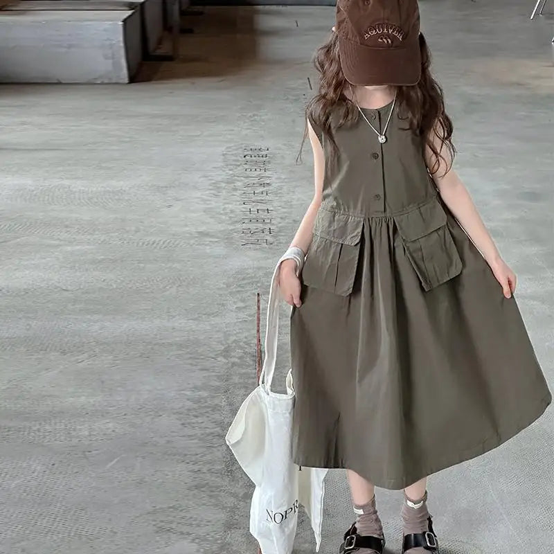 5-14Years Kids Summer Sleeveless Dresses for Girls Cotton Thank Long Dress Teens Children Casual Outfits Clothing 6 7 8 9 10 11