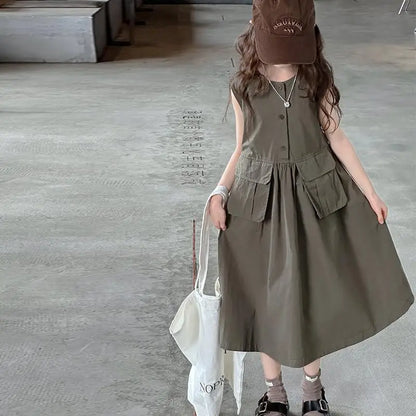 5-14Years Kids Summer Sleeveless Dresses for Girls Cotton Thank Long Dress Teens Children Casual Outfits Clothing 6 7 8 9 10 11