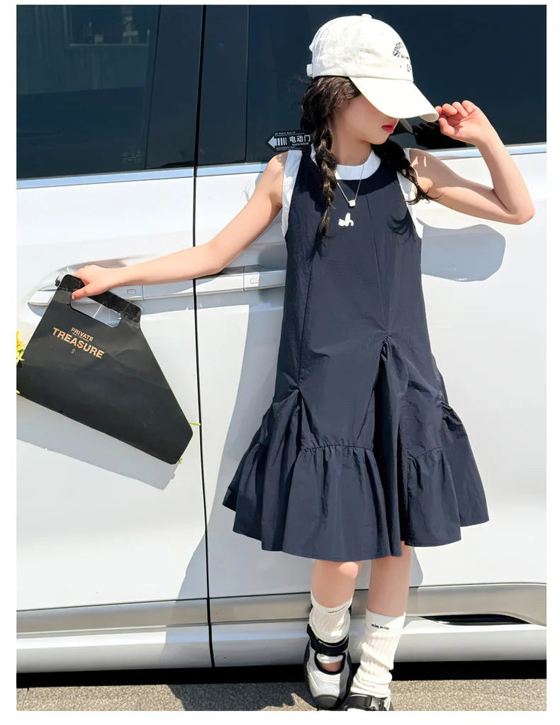 New Summer Girls Princess Dress Kids Sleeveless Dress with Ruffles Design Dresses for Teen Child Casual Vacation Beach Dress
