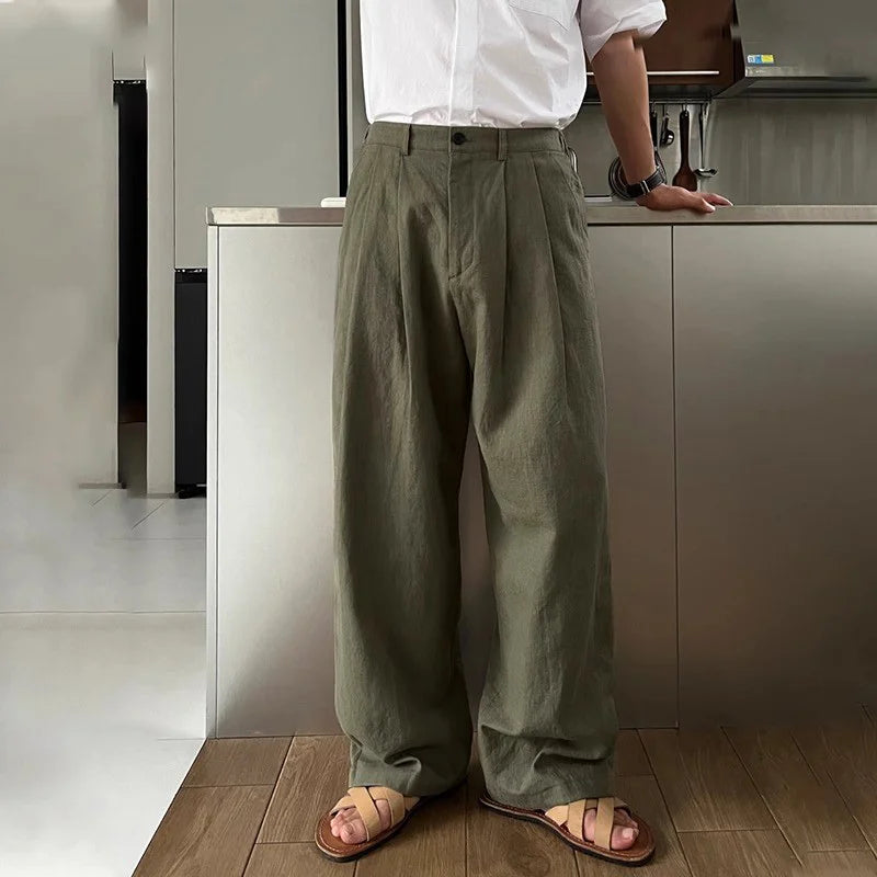 Men's Linen Dress Pants Spring and Summer Breathable White Cotton-Linen Lazy Floor-Length Pants Korean Style Loose Straight Casual Pants