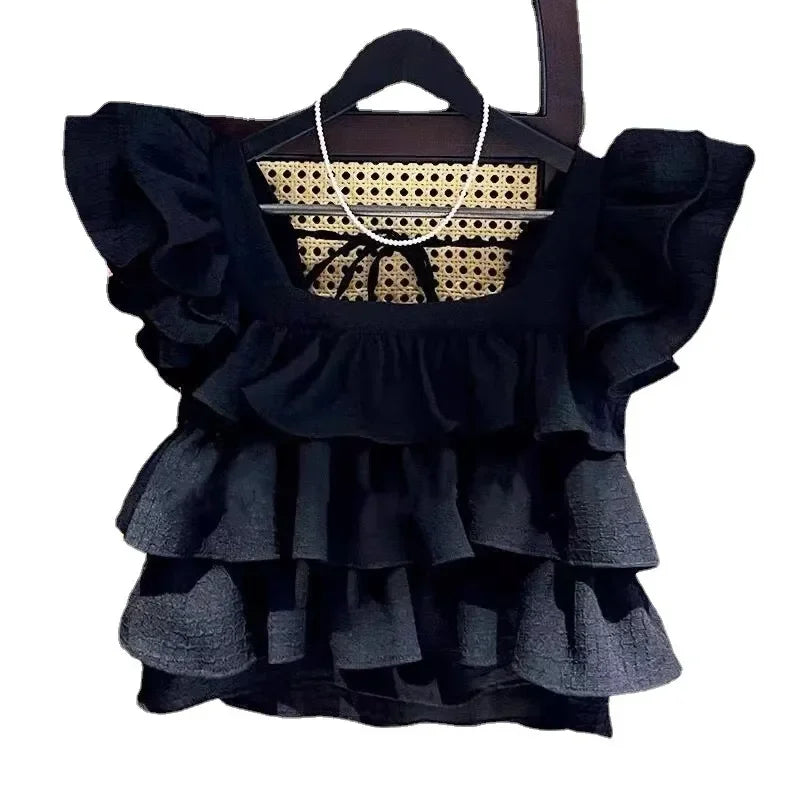 Girls Tops Vest Summer New White Ruffles Sleeveless Short Shirt Teens Kids Clothes 12 13 14 Years Children Beach Hooliday Blouse