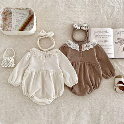 Baby Girls Clothes Toddler Autumn Winter Long Sleeve Lace Romper With Headwear For Infant Homewear Jumpsuit Baptism Overall