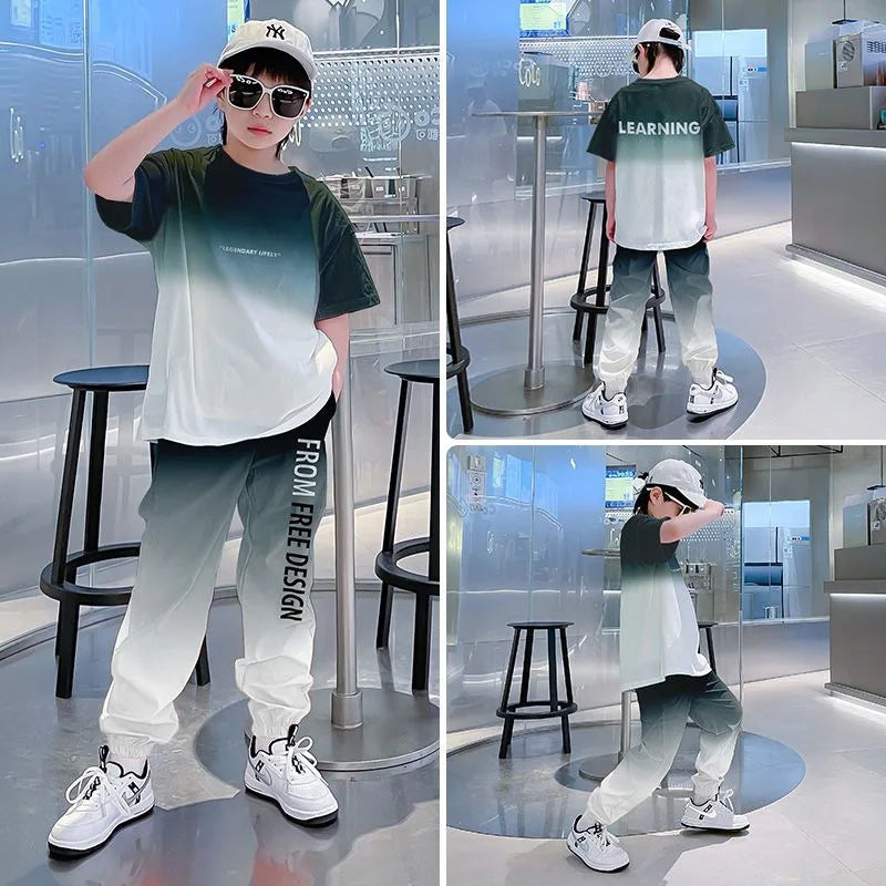 2026 summer Teenager Boys Clothes Casual Outfit Kids Gradient Tracksuit Child t shirt + ankle tie pant 4 5 6 7 8 9 10 12 Year