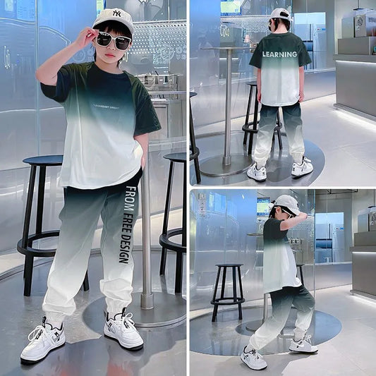 2026 summer Teenager Boys Clothes Casual Outfit Kids Gradient Tracksuit Child t shirt + ankle tie pant 4 5 6 7 8 9 10 12 Year