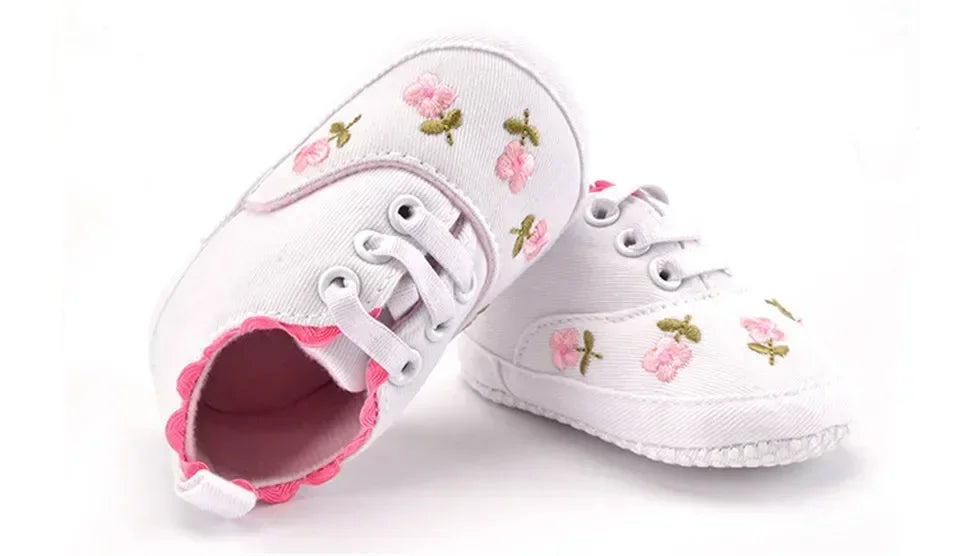 Baby Girls Shoes White Pink Floral Embroidered Soft Soles Shoes Prewalker Walking Toddler Casual Kids Shoes For Dropshipping