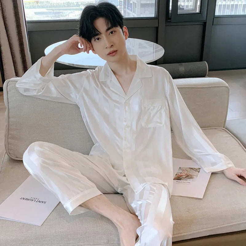 Pajamas Men Spring Summer Thin Ice Silk Luxurious Loose Fitting Home Wear Suit Male Satin Pyjamas Set Night Pajamas Set Men