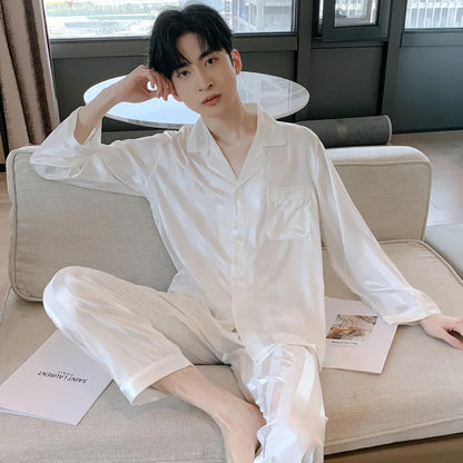 Pajamas Men Spring Summer Thin Ice Silk Luxurious Loose Fitting Home Wear Suit Male Satin Pyjamas Set Night Pajamas Set Men