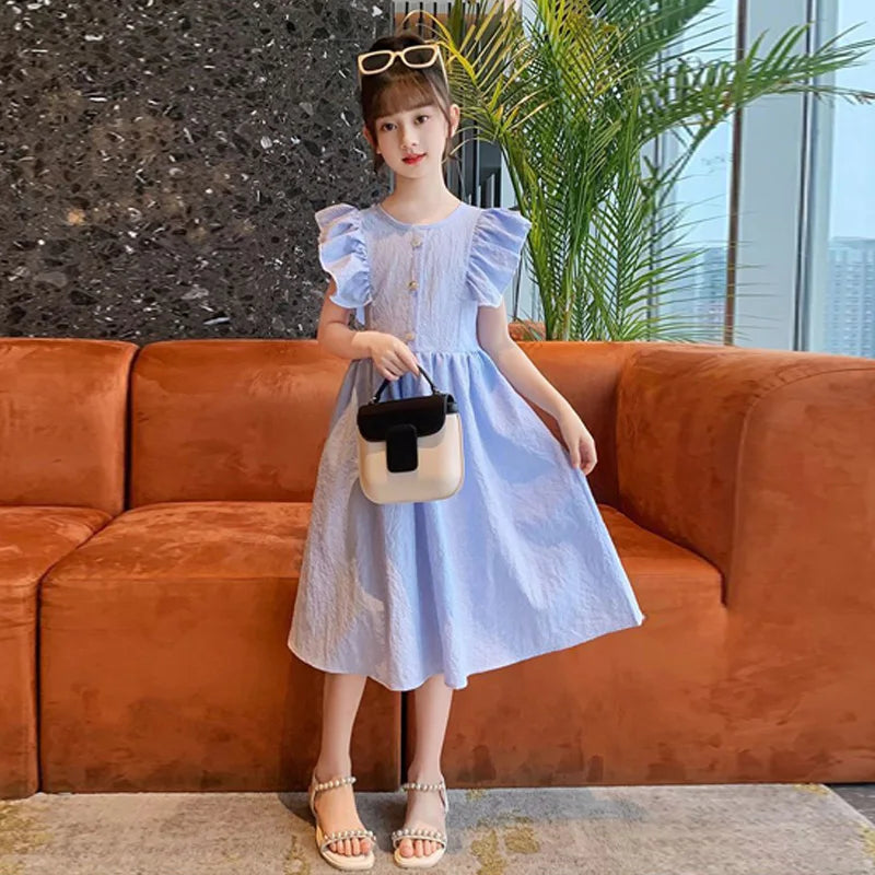 New Girls Summer Dress Kids Casual Sleeveless Clothes Gown Princess Children Elegant Costumes Teen Flying Sleeves Dresses 5-14Y