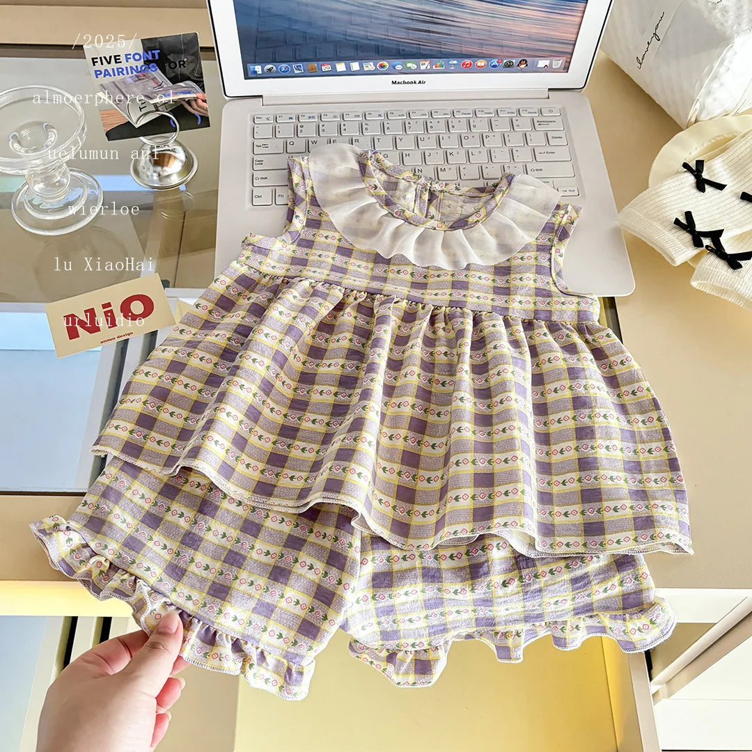Baby Girls’ 2-Piece Summer Outfit – Sleeveless Floral Top & Cloud-Trim Skirt Lightweight Princess-Style Set Toddler Girl Clothes