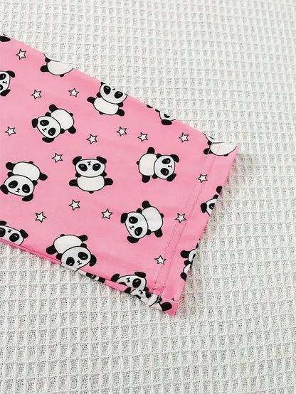 3-piece set of Big Girl casual pajamas, cute panda heart printed round neck long sleeved pants, trendy style