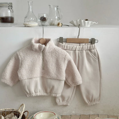 1-3 Year Baby Boy Girls Clothing Set Winter Autumn Lamb Fleece Sweatshirt Pants 2Pc Children Suit Toddler Kid Casual Outfit
