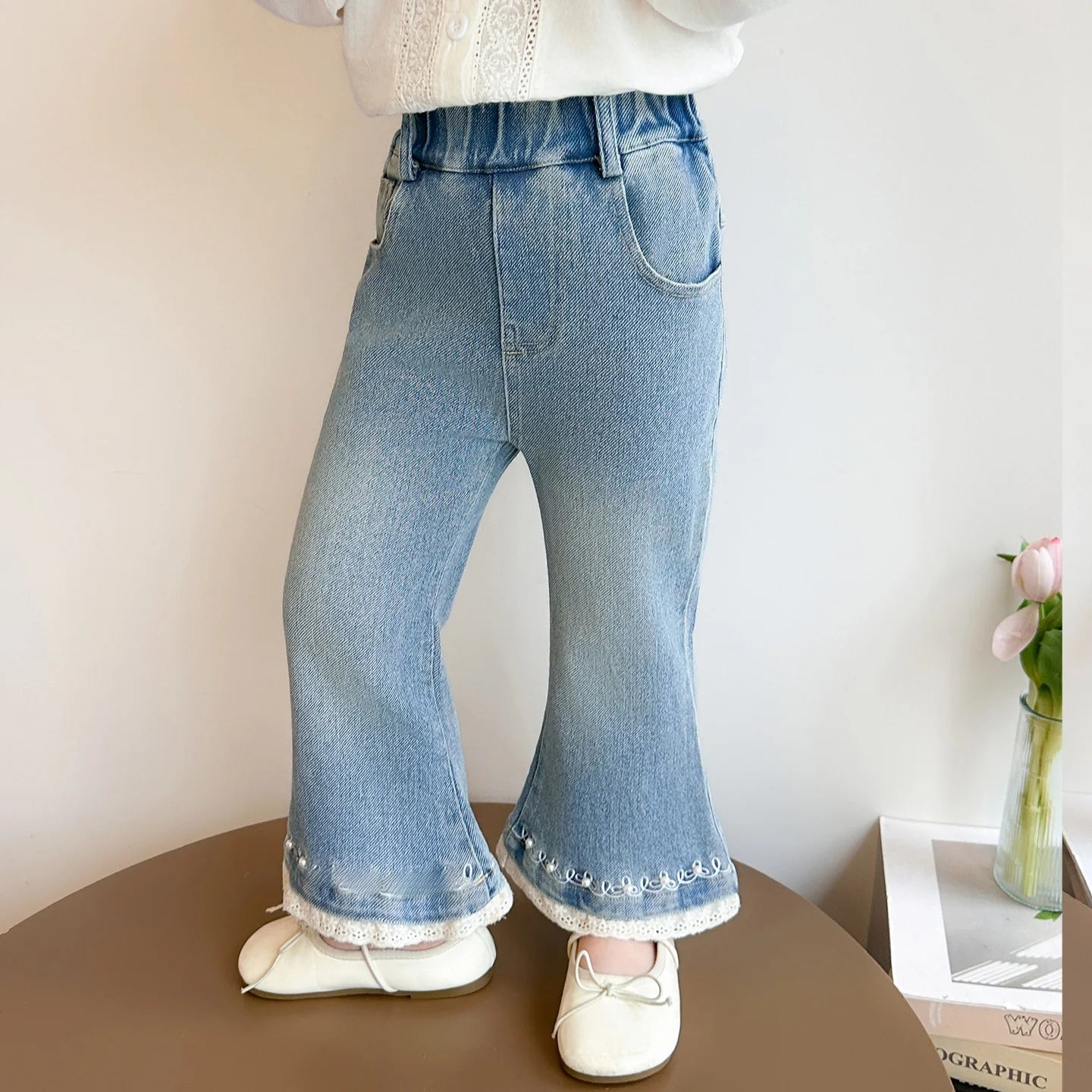 Girls Casual Pearl Trimmed Denim Pants Spring Autumn New Style Fashionable Kids Clothing High Waist Flared Legs Thin Material