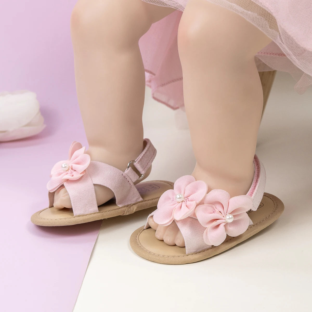 2025 New Baby Girls Shoes Flowers With Pearls Summer Cool Princess Sandals Lightweight Comfortable Soft Anti-slip Flat Sole