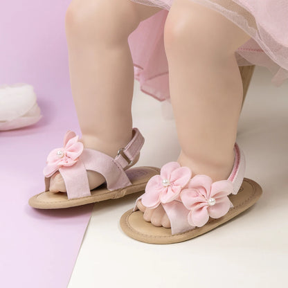 2025 New Baby Girls Shoes Flowers With Pearls Summer Cool Princess Sandals Lightweight Comfortable Soft Anti-slip Flat Sole