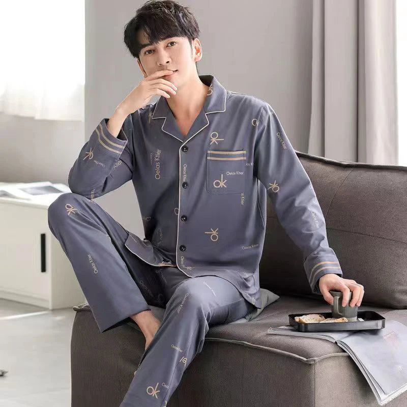 Pajamas Men's Long-Sleeved Spring and Autumn Men's Thin Youth Loose Home Clothes Two-Piece Suit