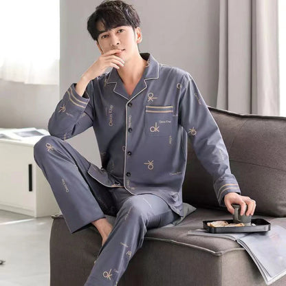 Pajamas Men's Long-Sleeved Spring and Autumn Men's Thin Youth Loose Home Clothes Two-Piece Suit