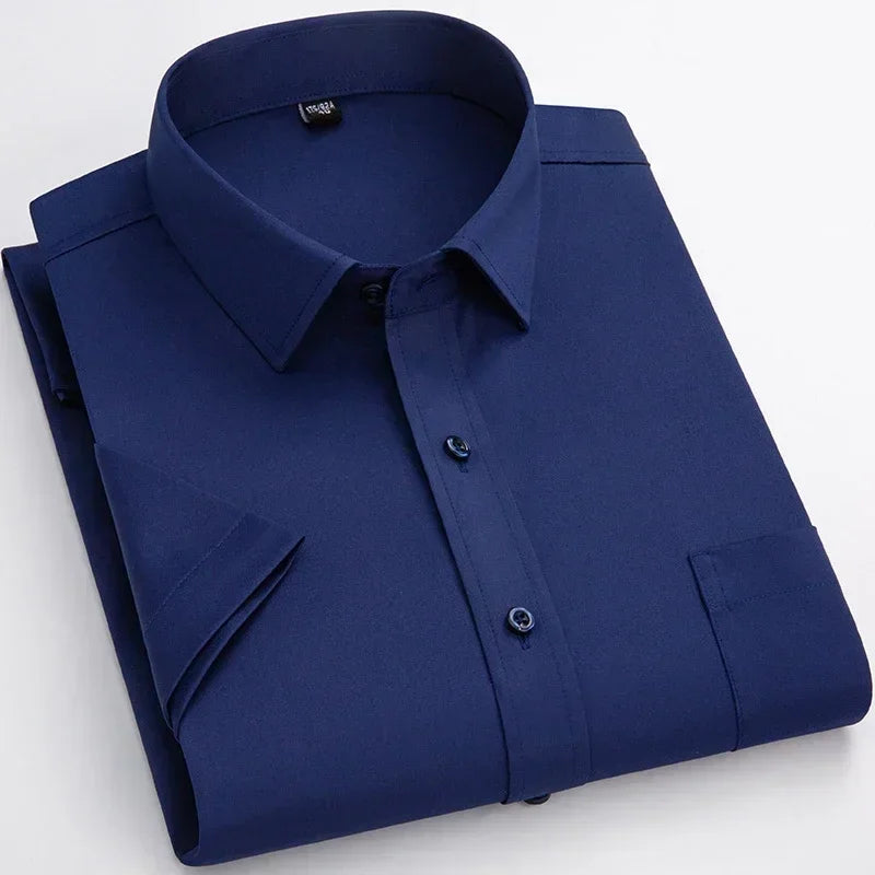 Men’s Business Short Sleeve Shirts Elegant Plain Stretch No Iron Office Formal Dress Shirt Casual Standard Male Workwear Shirt