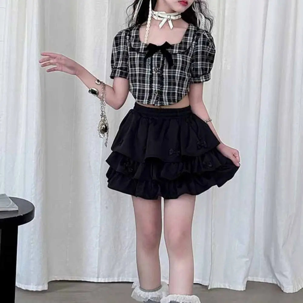 Cake Dress Sweet Girls Wear Suit Teens Party T-shirt Plaid Skirt Set Short Sleeve Preppy Style Costume Children Summer Clothes