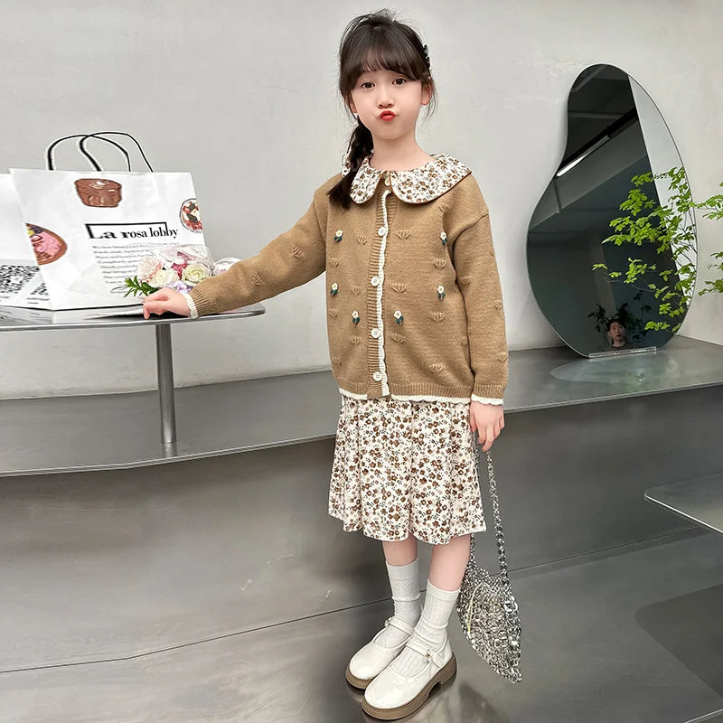 Teen Girls Autumn Outfits Fashion Two-piece Clothes Set Kids Dress with Cadigan Sweater Two Set Children Clothing Suit 4-13 Year