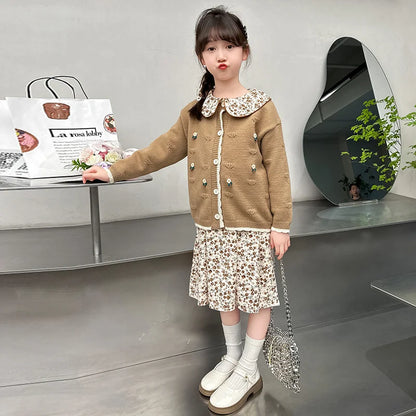 Teen Girls Autumn Outfits Fashion Two-piece Clothes Set Kids Dress with Cadigan Sweater Two Set Children Clothing Suit 4-13 Year