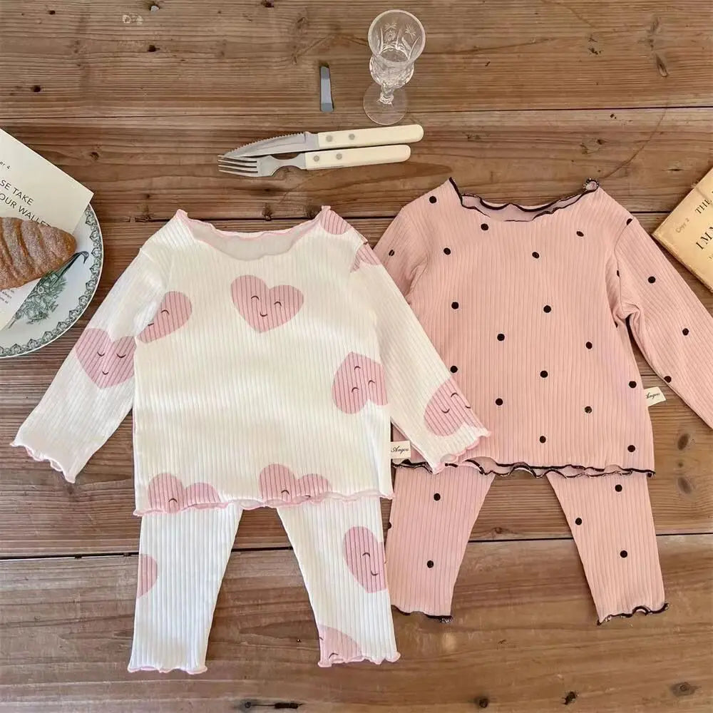 New Girls' Pajamas Homewear Children's Long-Sleeved Ice-Silk Pajamas Two-Piece Wood Earring Set Air-Conditioning Suit Suit