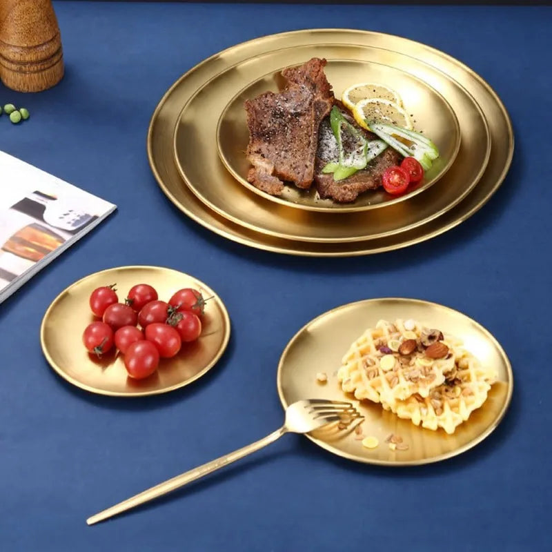 High Quality Gold Silver Tray Stainless Steel Dining Disc Round Bone Spitting Dishes Fruit Meat Dessert Plate Kitchen Tableware