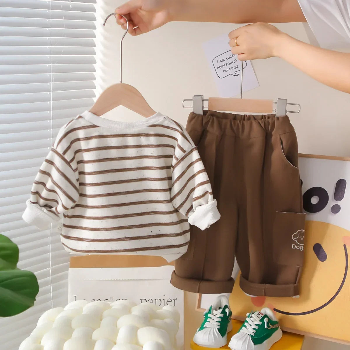 1-5Y Baby Girls Clothes Cute Casual New Style Outfit Kids Boys Clothing Cotton Puppy Print Striped Sweatshirt Tops and Pants Set