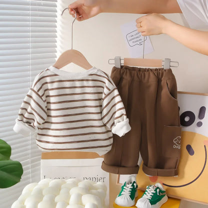 1-5Y Baby Girls Clothes Cute Casual New Style Outfit Kids Boys Clothing Cotton Puppy Print Striped Sweatshirt Tops and Pants Set