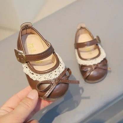 Girls Walking Shoes Sweet Lace Simple Bows 2025 New Baby Princess Shoes Round Toes Kids Leather Shoes Non-slip Soft Sole Flats