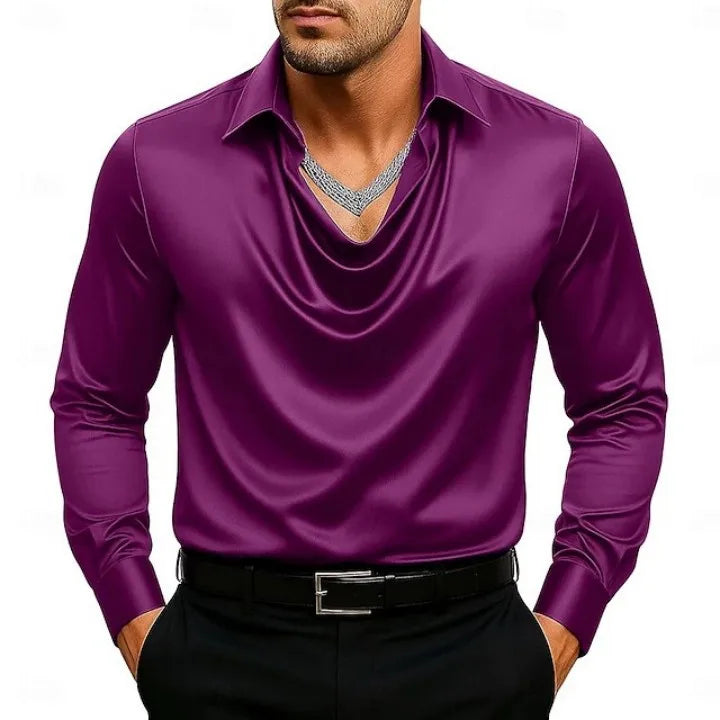 Casual Men Satin Silky Dress Shirts Long Sleeve Social Single Breasted Turn-Down Collar Shirts Wedding Party Men clothes