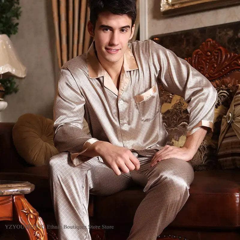 Spring Autumn New Male 2PCS Pajamas Set Sleepwear Print Long Sleeve Trouser Pijamas Suit Loungewear Loose Silk Satin Home Wear