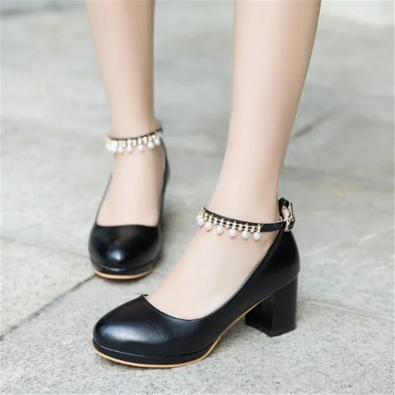 Children Girls High heel Shoes For Kids Princess Sandals Fashion  Pearl Thick Heel Shallow Female High heels For Party Wedding
